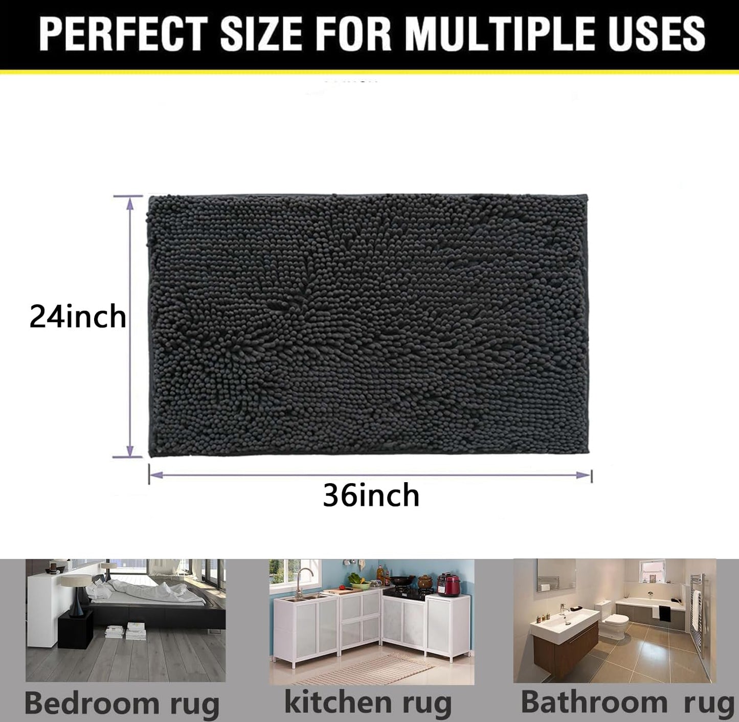 BOANKODU Bathroom Rugs 36x24, Extra Soft Absorbent Chenille Bath Rugs, PVC Backing Quick Dry, Machine Washable Bath Mats for Bathroom Floor, Tub and Shower, Home Decor Accessories,Dark Grey
