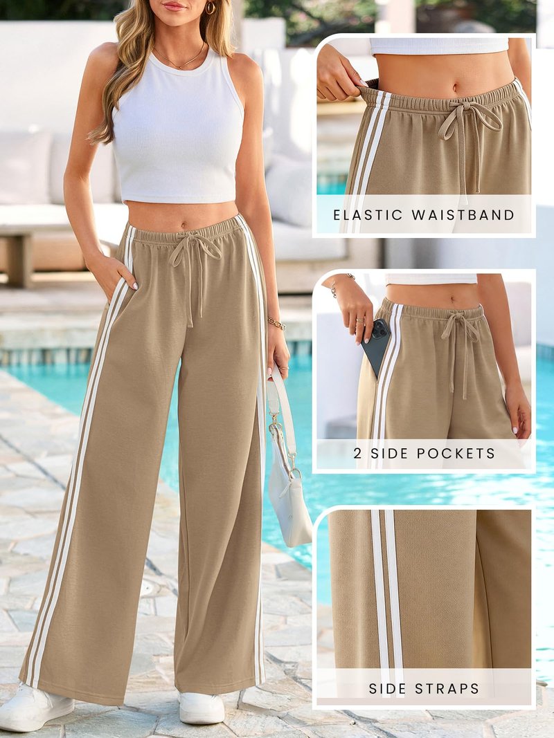 PRETTYGARDEN Womens Wide Leg Sweat Pants Striped Drawstring Waist Casual Athletic Track Flowy Pants Trousers Summer Clothes (Khaki,M)