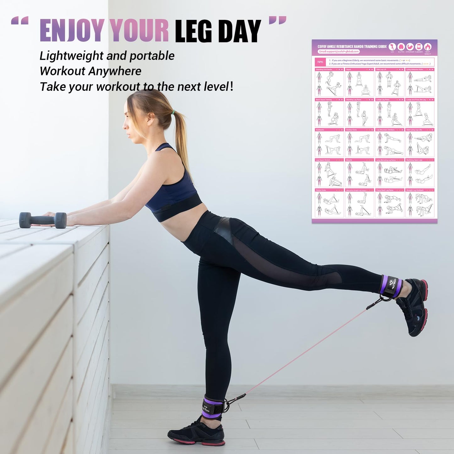 Ankle Resistance Bands With Cuffs for Working Out, Kickbacks, Hip, Leg and Glute Exercise - Training Poster Included - for Women