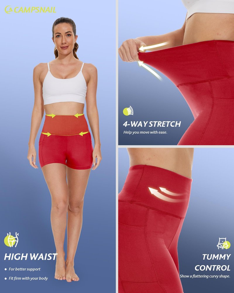 CAMPSNAIL Biker Shorts Women with Pockets - 3"/5"/8" High Waisted Workout Spandex Tummy Control Gym Running Yoga Shorts Red