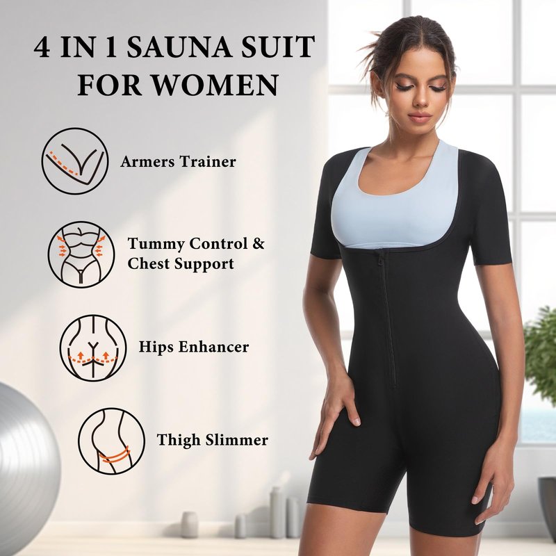 Meiosuns Sauna Sweat Suit for Women Weight Loss Waist Trainer Full Body Compression Sweat Suit 4 in 1 Slimming Heat Trapping Sauna Shirt for Workout Bodysuit Gym Fitness Shaper Thighs (Blue,XL)
