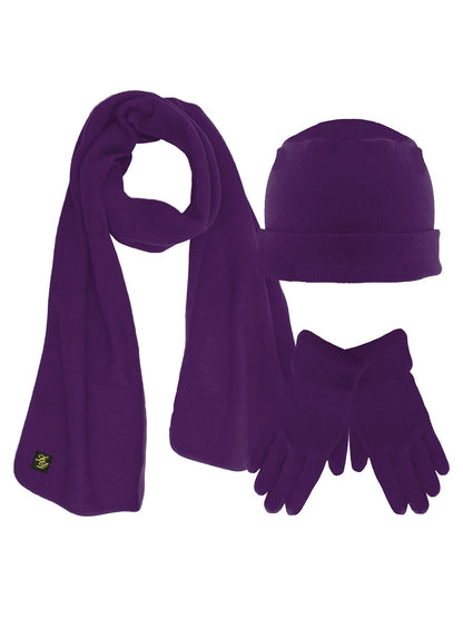 Black 3 Piece Fleece Hat Scarf & Glove Matching Set Purple