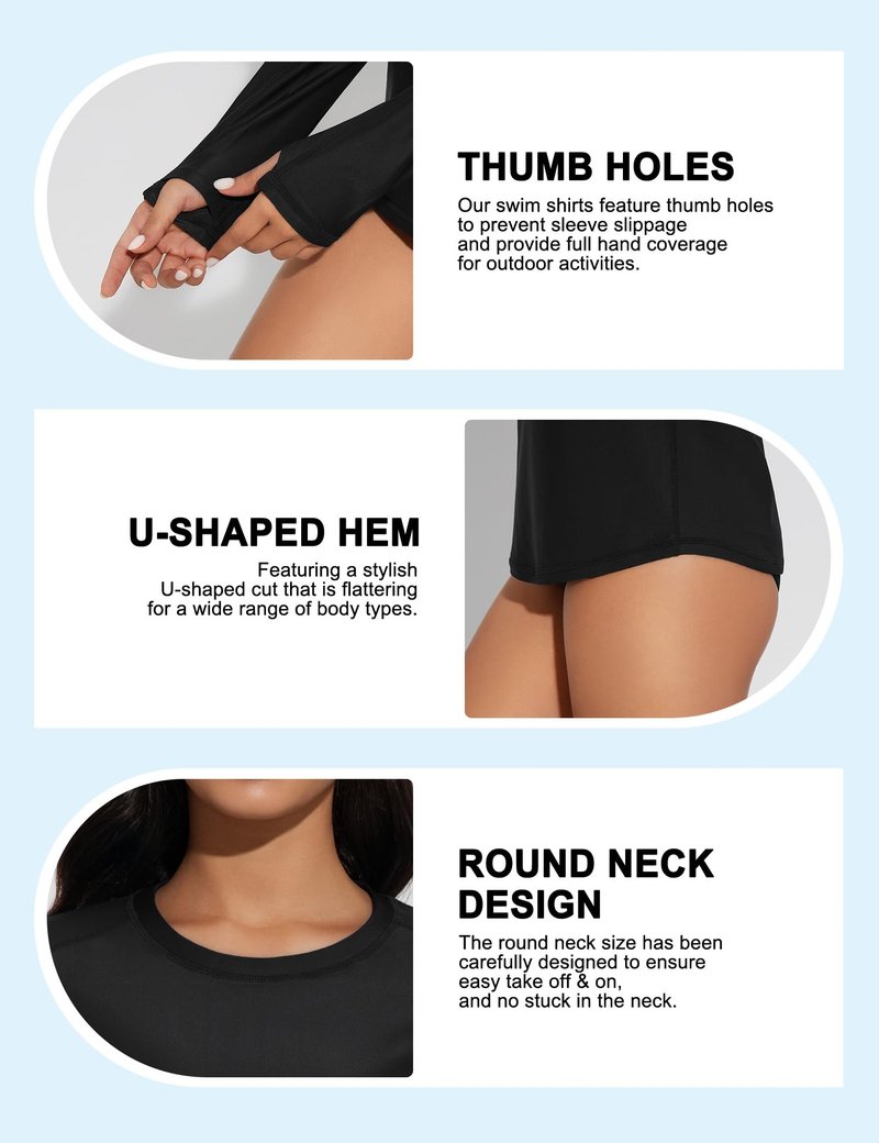 Bonneuitbebe Womens Long Sleeve Rash Guard Black Hiking Tops UV Sun Protection Quick Dry Only Swim Tee