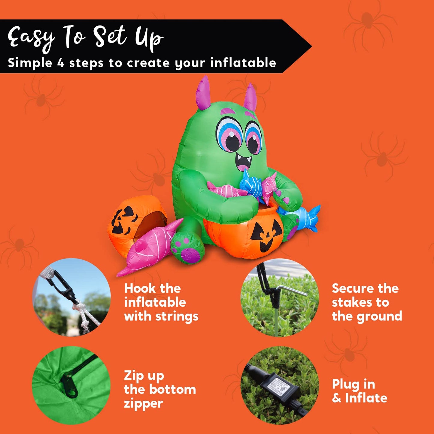 Joiedomi 5 Ft Long Cute Halloween Inflatables Monster with Candies Outdoor Decorations, Blow Up Monster with Build-in LEDs Halloween Inflatables for Indoor, Outdoor, Yard, Garden, Lawn Decorations