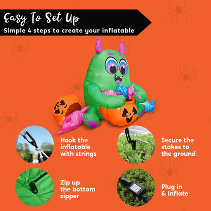 Joiedomi 5 Ft Long Cute Halloween Inflatables Monster with Candies Outdoor Decorations, Blow Up Monster with Build-in LEDs Halloween Inflatables for Indoor, Outdoor, Yard, Garden, Lawn Decorations