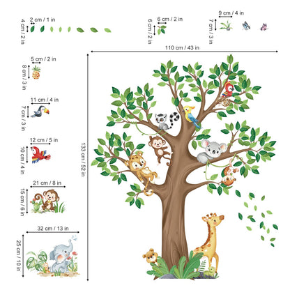 decalmile Large Jungle Animal Tree Wall Decals Giraffe Koala Leopard Safari Wall Stickers Baby Nursery Kids Bedroom Toddler Room Wall Decor