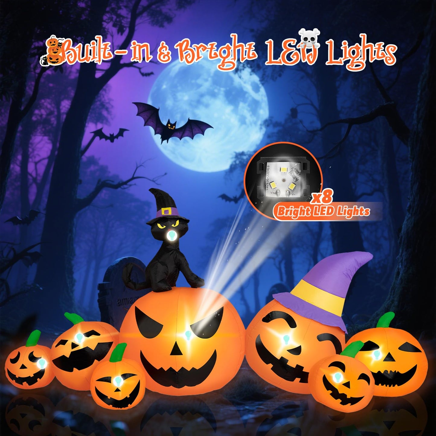 BRDJade 8FT Long Halloween Inflatables Pumpkin Outdoor Decorations, 7 Blow Up Pumpkins Inflatables with Witch Hat & Black Cat Built-in LED Lights for Halloween Party Yard Garden Lawn Decorations