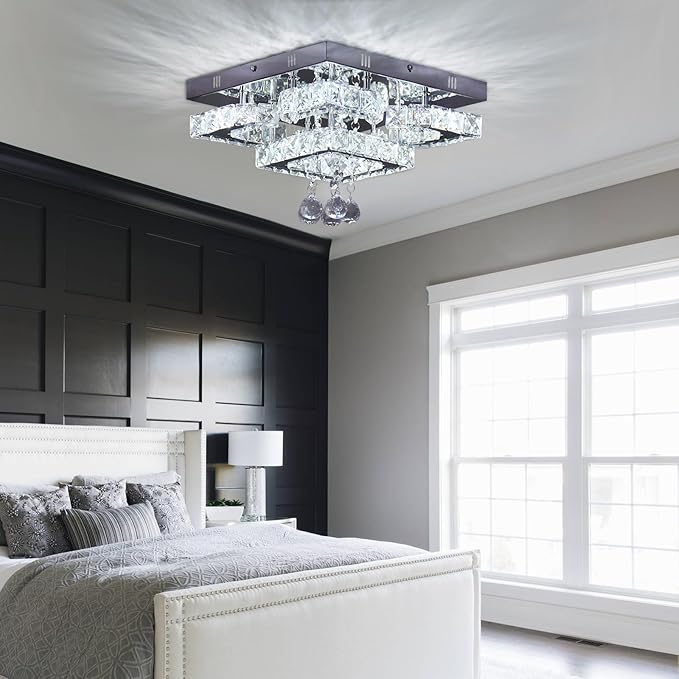 CXGLEAMING 11.8" Modern Crystal Chandelier LED Ceiling Light Fixture Suitable for Kitchen Corridor Hallway Bedroom Bathroom Dining Room 4 Petals/Raindrop Ball Square Wall Switch （White Light）