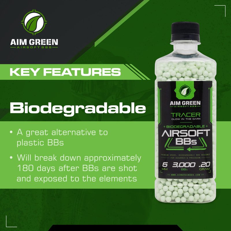 Aim Green Tracer Biodegradable Airsoft BBS, Glow-in-The-Dark BBS, 3,000 Count, .20 Grams