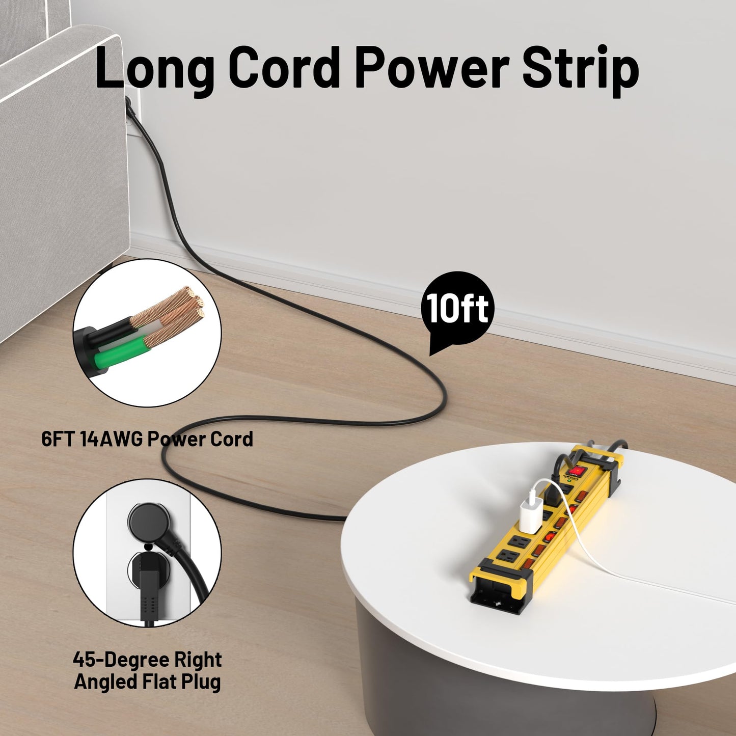 Power Strip Surge Protector 2700J with Individual Switches and Flat Plug, 3FT Heavy Duty Cord 6 Wide Spaced Outlet Mountable Metal Power Strips with Cord Manager and Hanger