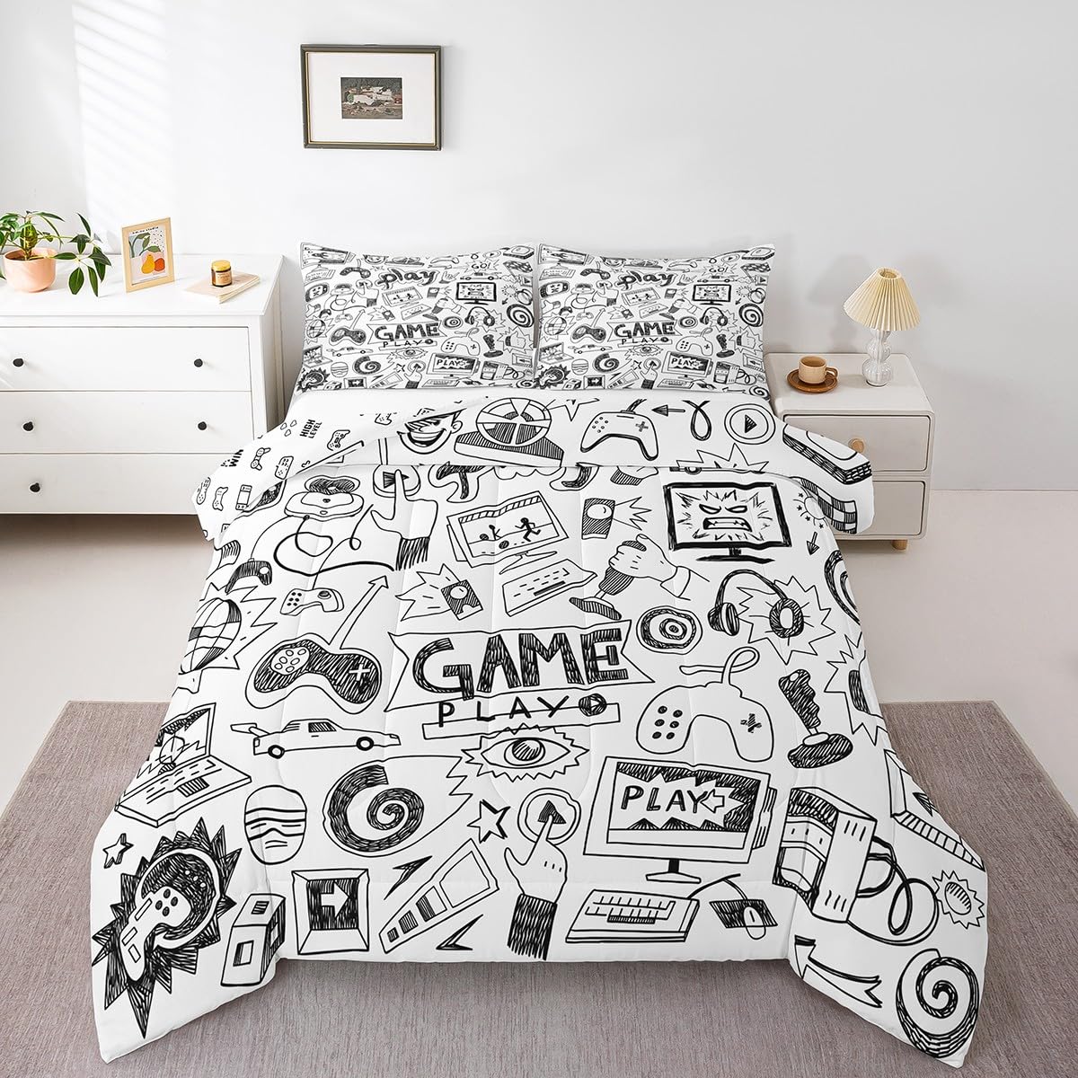 Erosebridal Gaming Comforter Set, Kids Gamepad Cartoon Bedding Set Video Games Gamers Duvet Set Queen Hip Hop Graffiti Quilt Set Racing Car Comforter Set, Black White Printed Bedroom Decor