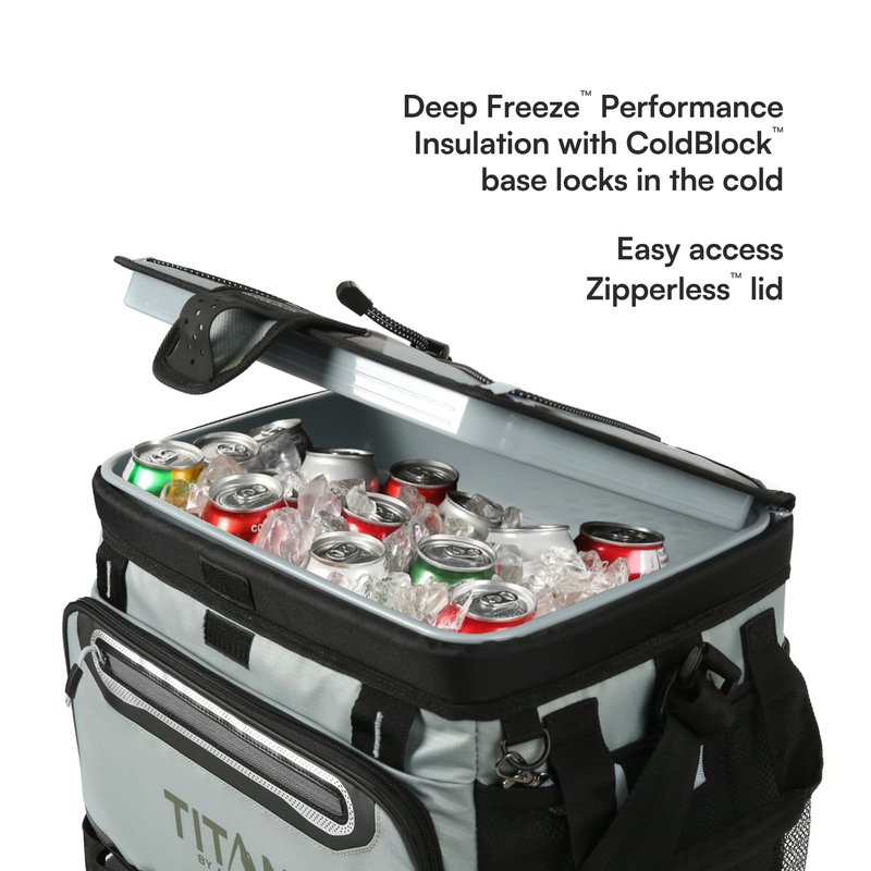 Titan by Arctic Zone Zipperless Soft Sided Cooler with HardBody Liner and SmartShelf, Insulated Bag with Shoulder Strap and Bottle Opener for Beach, Picnic, and Travel, 30 Can Capacity, Seagrass
