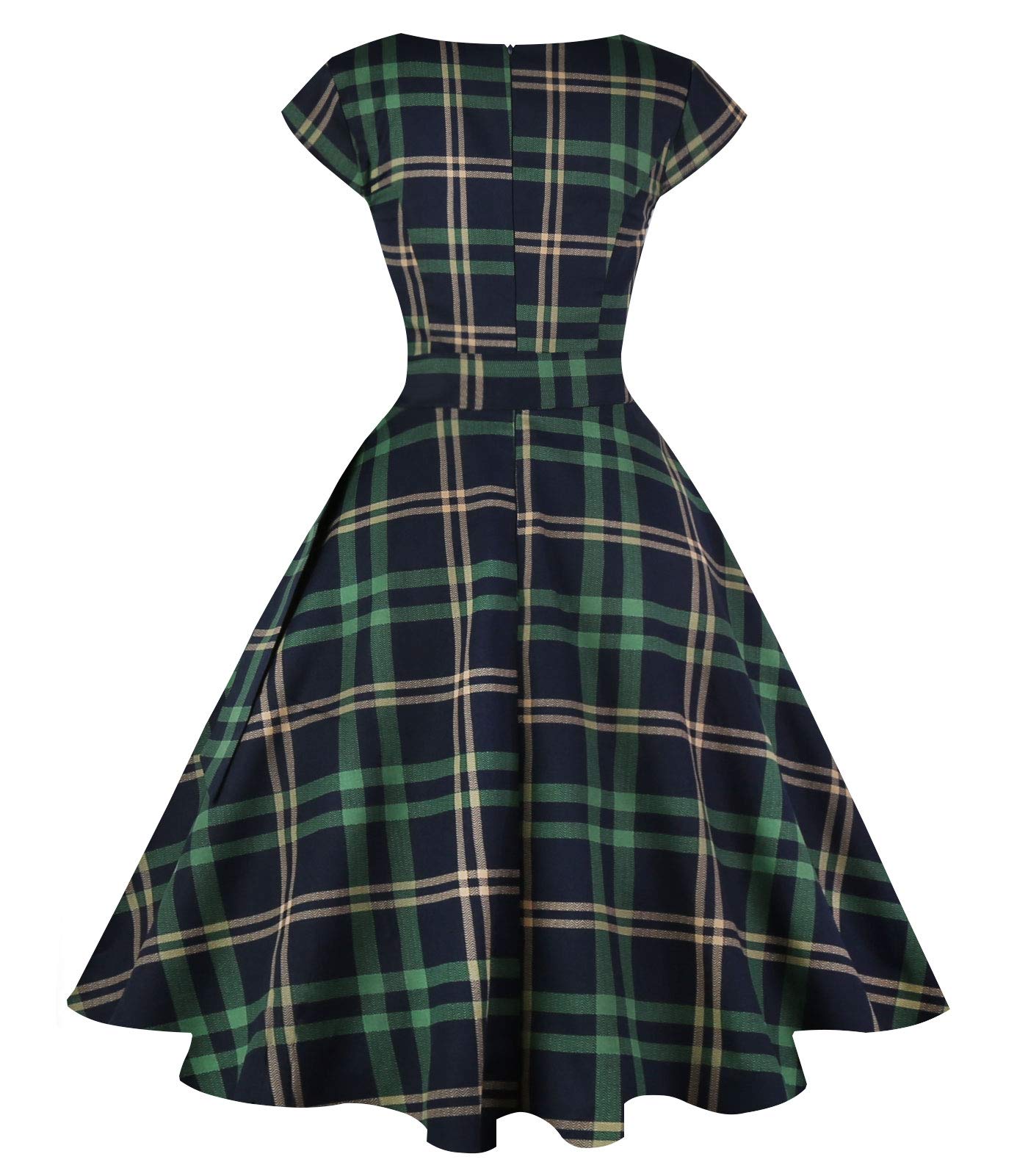 Kingfancy Women Vintage 1950s Dress Retro Cocktail Party Swing Dresses with Cap Sleeves Green Plaid M