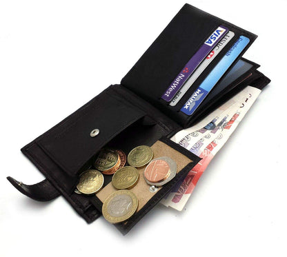 ODS:UK Mens RFID Blocking Safe Soft Leather Tri Fold Wallet Card Slots Id Window and Coin Pocket (Carbon Black)