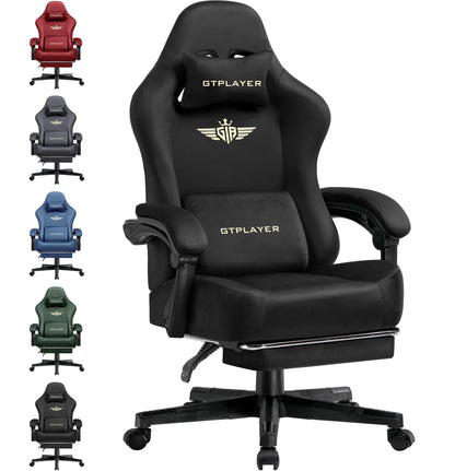 GTPLAYER Gaming Chair Fabric with Pocket Spring Cushion, High Back Ergonomic Computer Chair with Footrest for Adults Lumbar Support Swivel Game Chair for Office Gaming 350LBS, Black
