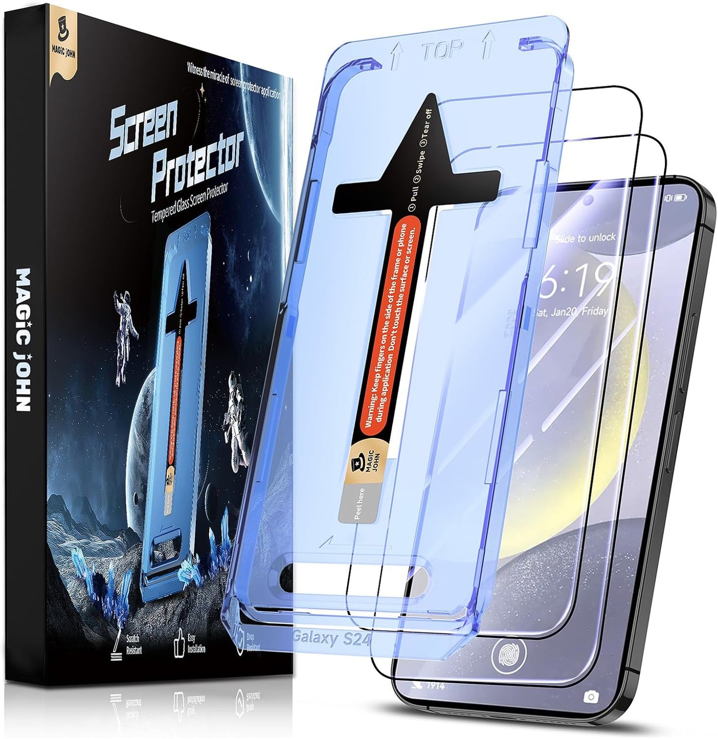 MAGIC JOHN 2 Pack for Samsung Galaxy S24 Plus/ S24+ (6.7 inch) Tempered Glass Screen Protector, Auto Dust-Elimination Installation, Bubble Free, HD Clear, Shock-Resistant