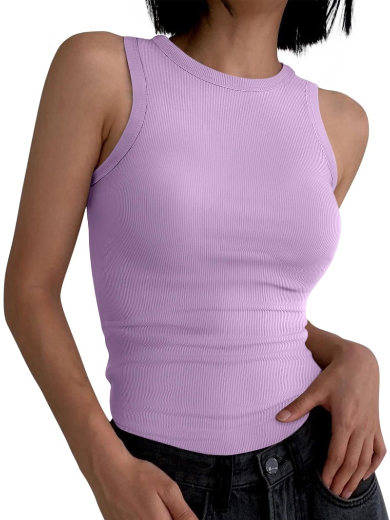 ANRABESS Womens Sleeveless High Neck Tank Tops Fashion Summer Casual Basic Slim Fit Ribbed Racerback Top Shirt Clothes Light Purple X-Small