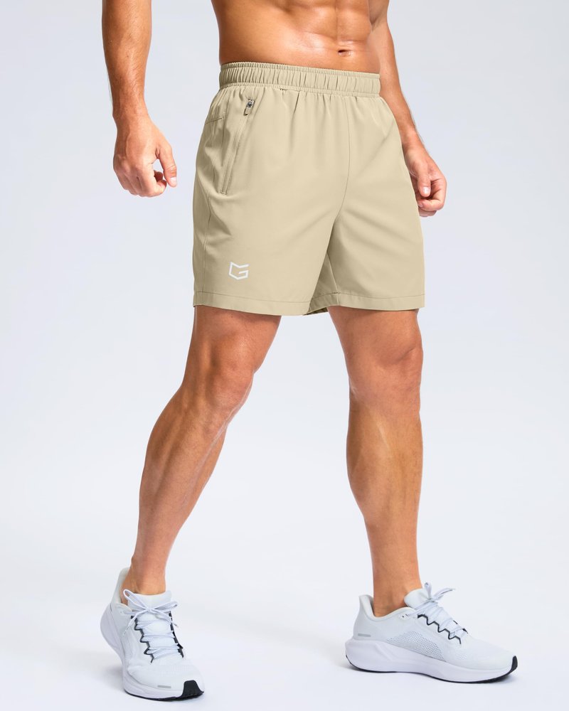 G Gradual Men's Athletic Running Shorts with Zipper Pockets Quick Dry 7"/ 5"/ 9" Workout Gym Shorts for Basketball Hiking(Khaki,5L)