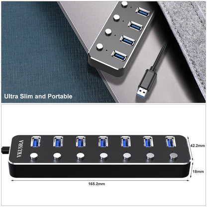 USB 3.0 Hub Powered, VKUSRA Aluminum 7 USB Port SuperSpeed USB Data Hub with 5V3A Power Adapter and Individual On/Off Switch for Surface Pro, Windows, PC Laptop, Desktop, NoteBook and More