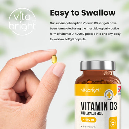 Vitamin D3 4000 IU Daily | 425 Softgels - 14 Month Supply | High Strength Vitamin D Tablets | Sugar-Free Softgels, NOT VIT D Gummies | VitaBright VIT D3 Supplements for Women & Men