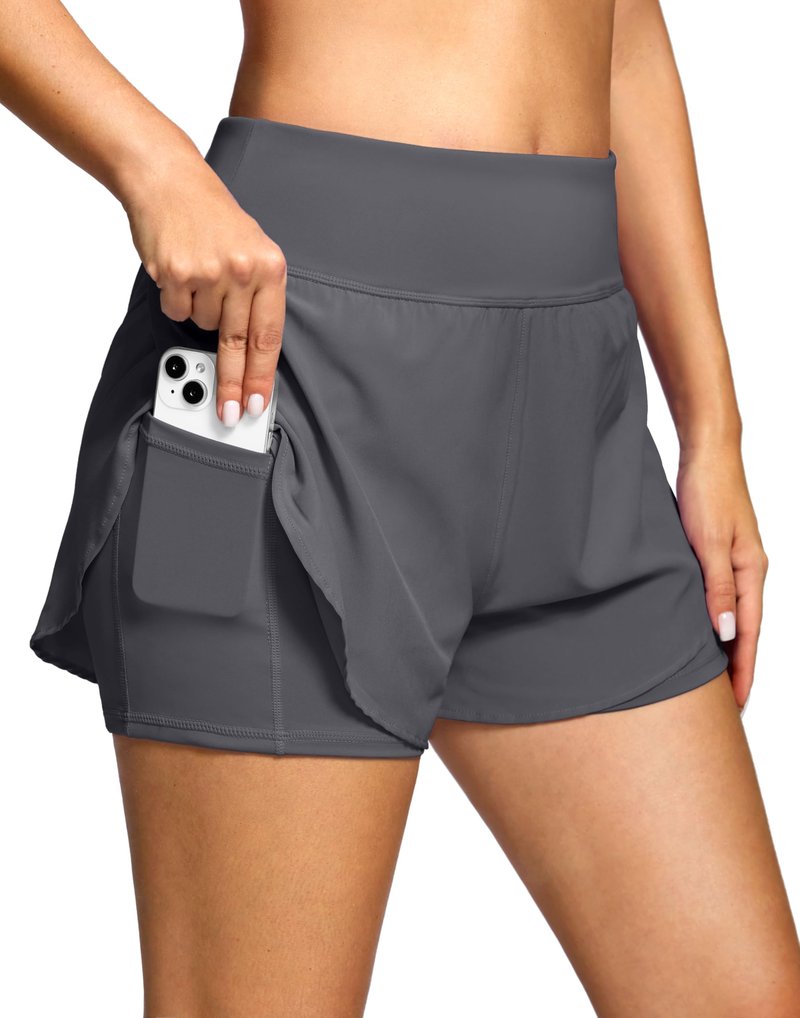 Soothfeel Women's 2 in 1 Running Shorts - High Waisted Lightweight Athletic Workout Gym Yoga Shorts Spandex Liner with Pockets Dark_Grey M