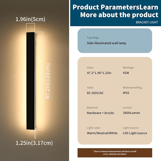 2 Pack 47.2inch Modern Outdoor Wall Light Fixture, IP65 Waterproof LED Wall Mounted Sconce, 3 Color 3000K/4500K/6000K, 42W, Black Exterior Lighting for House, Backyard, Garden, Garage