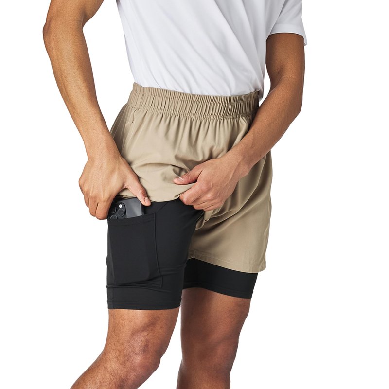 Ultra Performance Men's Athletic 2 in 1 Compression Shorts 2 Pack Mens Gym Workout Running Short’s for Men, 5 Inch Inseam Espresso/Khaki