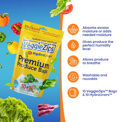 Bluapple VeggieZips Premium Produce Storage System - 40 Piece Set, 20 Food Saver Bags + 20 HydroLiners, Keep Produce Fresh Longer, Washable & Reusable Bags with Humidity Control for Fruit & Vegetables