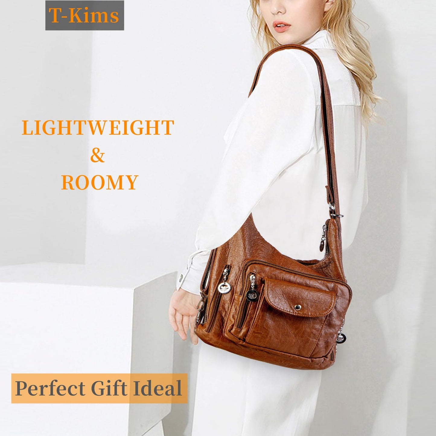 T-Kims Women Handbag Hobo Bag Tote Bags Shoulder Bag Soft Washed Leather Multifunctional Messenger Bag (Brown)