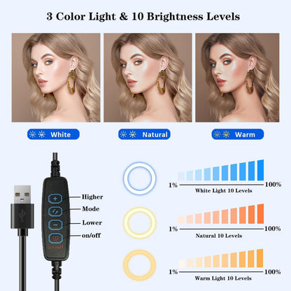 Ring Light with Stand, Desk Ring Light with Clip Upgraded 10W 3000K-6500K Travel Desktop Light for Phone Selfie Laptop Zoom Video Makeup Vlog Tiktok Live Streaming