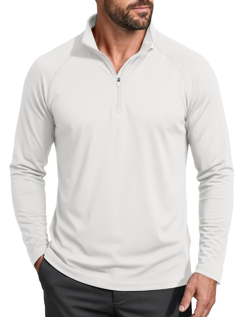 Mens Sun Shirts Quarter Zip Pullover UPF 50+ Fishing Long Sleeve Rash Guard Shirt White