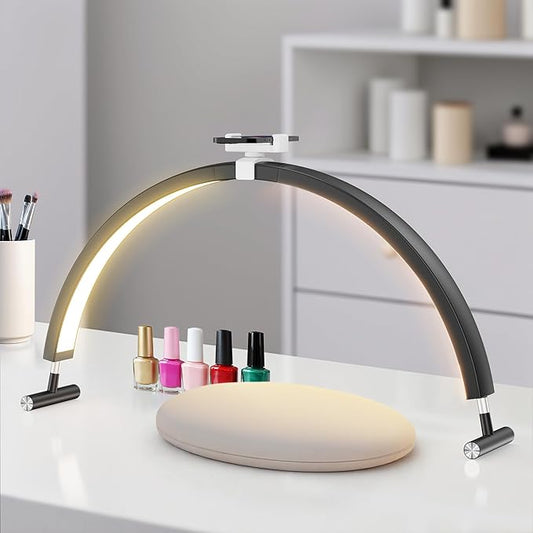 Nail Light for Desk, 30'' LED Half Moon Lamp for Nail Techs, Manicure and Handicraft, Adjustable Color Modes and Brightness, with Phone Holder (Black)
