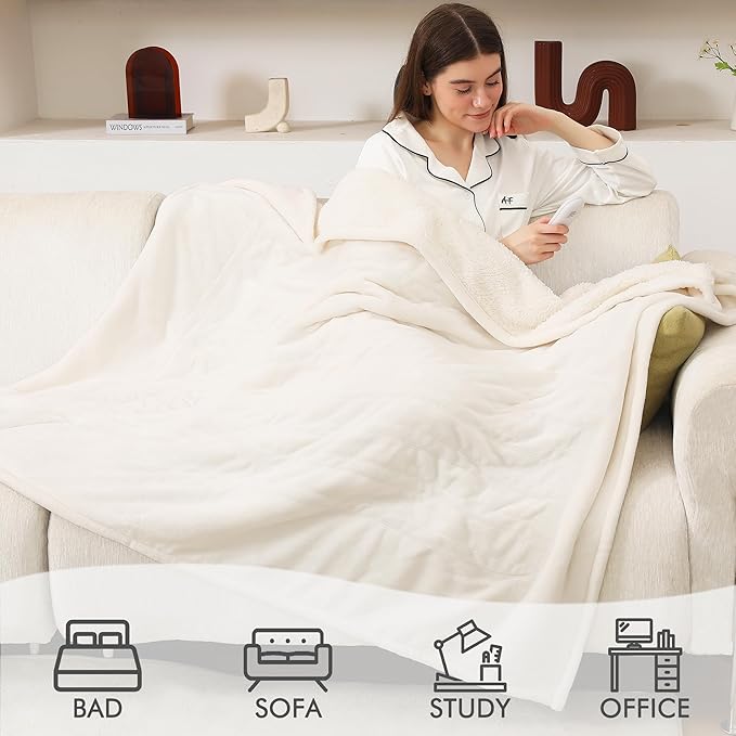 Heated Blanket Throw, Electric Throw Blanket with 5 Heating Levels & 4 Hours Auto Off, Soft Cozy Flannel Sherpa Electric Heated Blanket with ETL Certified for Office, 50"x60", White