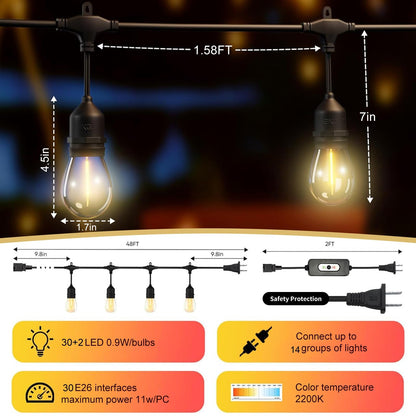 EIKOSON 50FT Outdoor String Lights Waterproof with 30+2 Bulbs(𝟏.𝟓𝐅𝐓 𝐁𝐮𝐥𝐛𝐥𝐬 𝐒𝐩𝐚𝐜𝐢𝐧𝐠), Remote & Dimmer, Commercial Grade Patio Lights with 3 Mode Light & Timing,100PC Ties for Outside