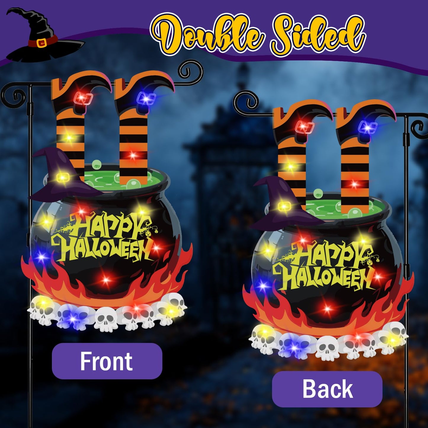 GOAUS Halloween LED Garden Flag Light Up Solar Powered, Witch Cauldron Decorations Outdoor, Double Sided Oxford Decorative Flag for Lawn Yard Outside Decor, 12x18 Inches