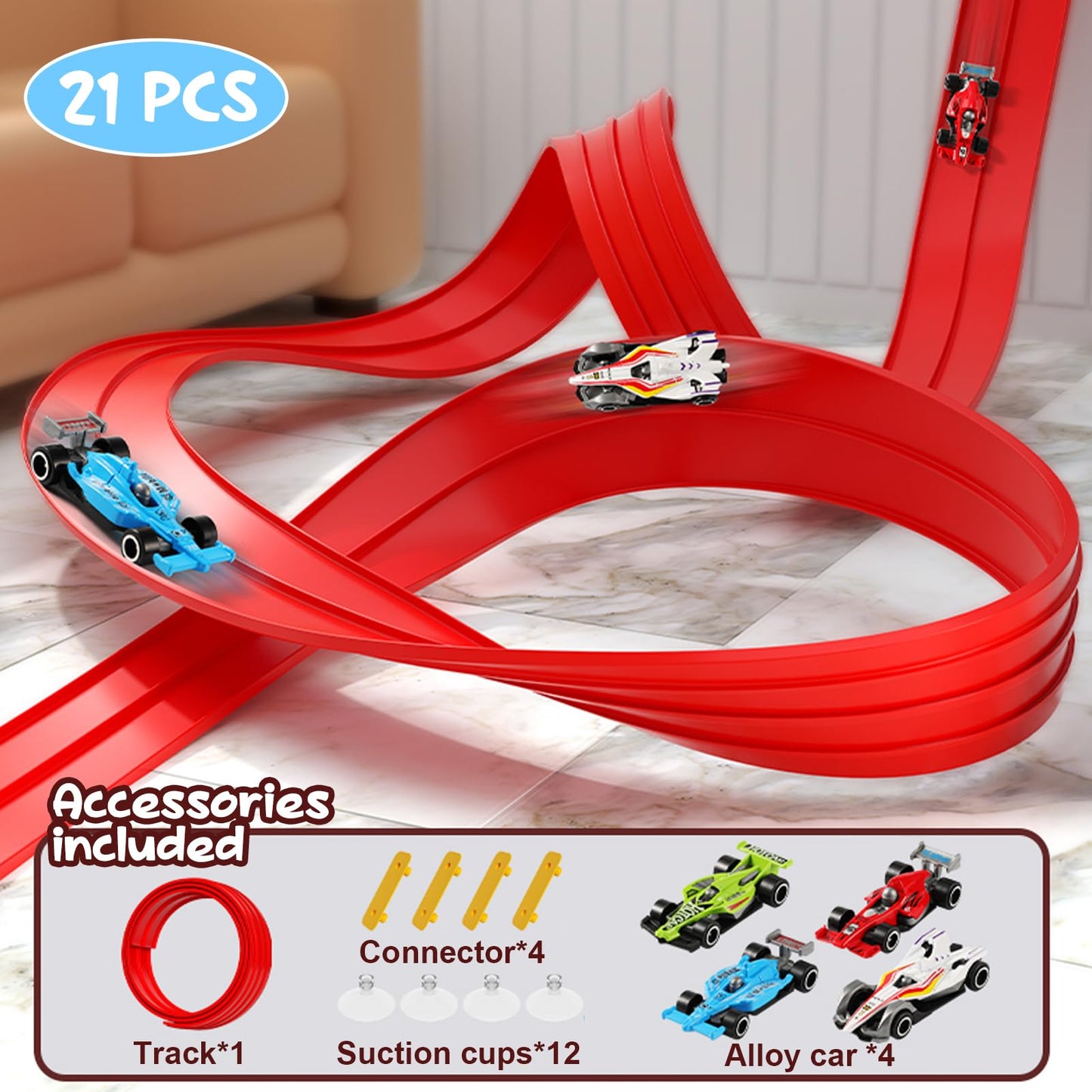 XIAPIA Car Track 4m, Flexible Toy Car Race Track Fits Hot Wheels, Diecast Cars, Flexible for Loops, Jumps, Ramps, Classic Long Roll Up Race Track with 4 Cars and 12 Suckers, Gifts for Kids Toddlers