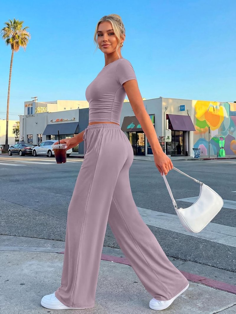 Trendy Queen Summer Lounge Set - Women's 2-Piece Matching Outfit with Side Ruching Top & Wide Leg Pants | Pockets Included