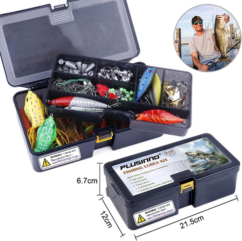 PLUSINNO 210pcs Fishing Lures Fishing Tackle Box Fishing Gifts for Men, Bass, Trout Fishing Accessories Kit for Saltwater & Freshwater Fishing Gear Including Topwater Lures, Hooks, Spinnerbaits