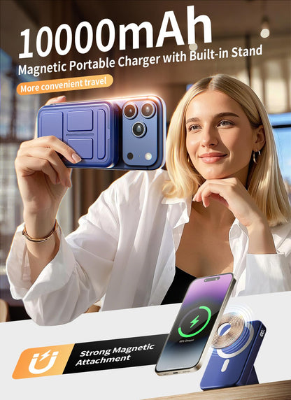 Magnetic Portable Charger, 10000mAh Wireless Power Bank with 20W USB-C Fast Charging, Foldable Stand & LED Display Magnetic Battery Pack, Compatible with iPhone 16/15/14/ All Series
