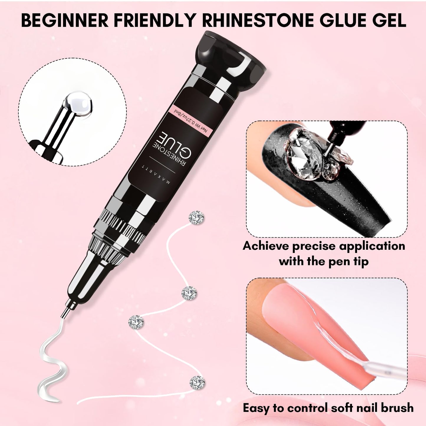 Makartt Nail Rhinestone Glue Set - Gel Nail Glue for Rhinestones, 3D Art Design Super Strong Adhesive for Charm Gems Jewel Crystal Beads Diamonds, 15ml & 8ml, Easy Use, Cured Need