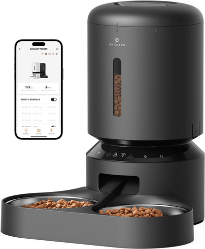 PETLIBRO Automatic Cat Feeder, 5G Wi-Fi Dual Cat Feeder with App Control for Dry Food, Low Food & Blockage Sensor, Stainless Steel Bowl, 1-10 Meals Per Day, 10s Meal Call for Cats and Dogs (5L, Black)