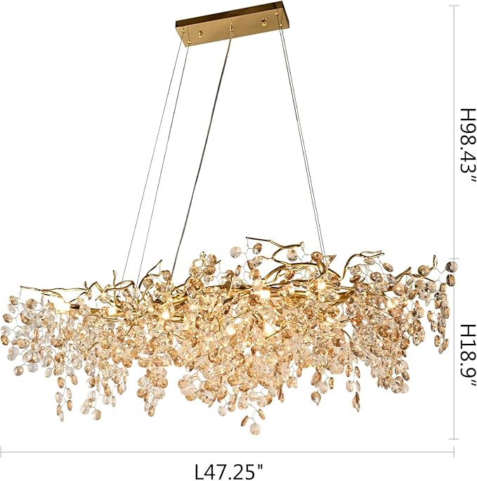 Modern Crystal Tree Branches Chandeliers Gold Luxury Round Raindrop Pendant Light Fixture 12 Light Ceiling Hanging Light for Dining Room Bedroom Living Room Entryway