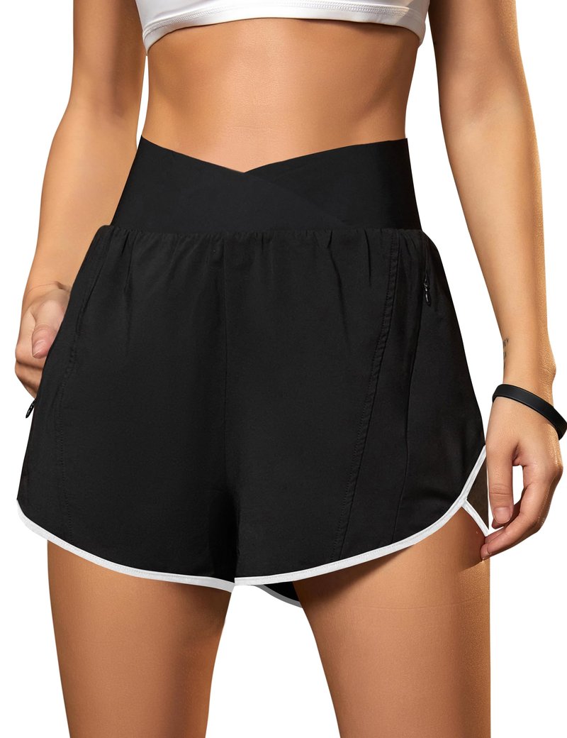 Blooming Jelly Women's Workout Shorts Athletic Running Casual Summer Quick Dry Gym Active Shorts with Zipper Pocket (Black and White,Large)