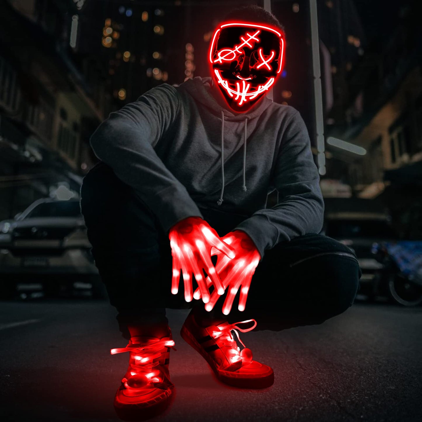 3 Set Halloween LED Mask Light Up Gloves and Glow Shoelaces Scary Mask Halloween Costume Cosplay Party for Adults