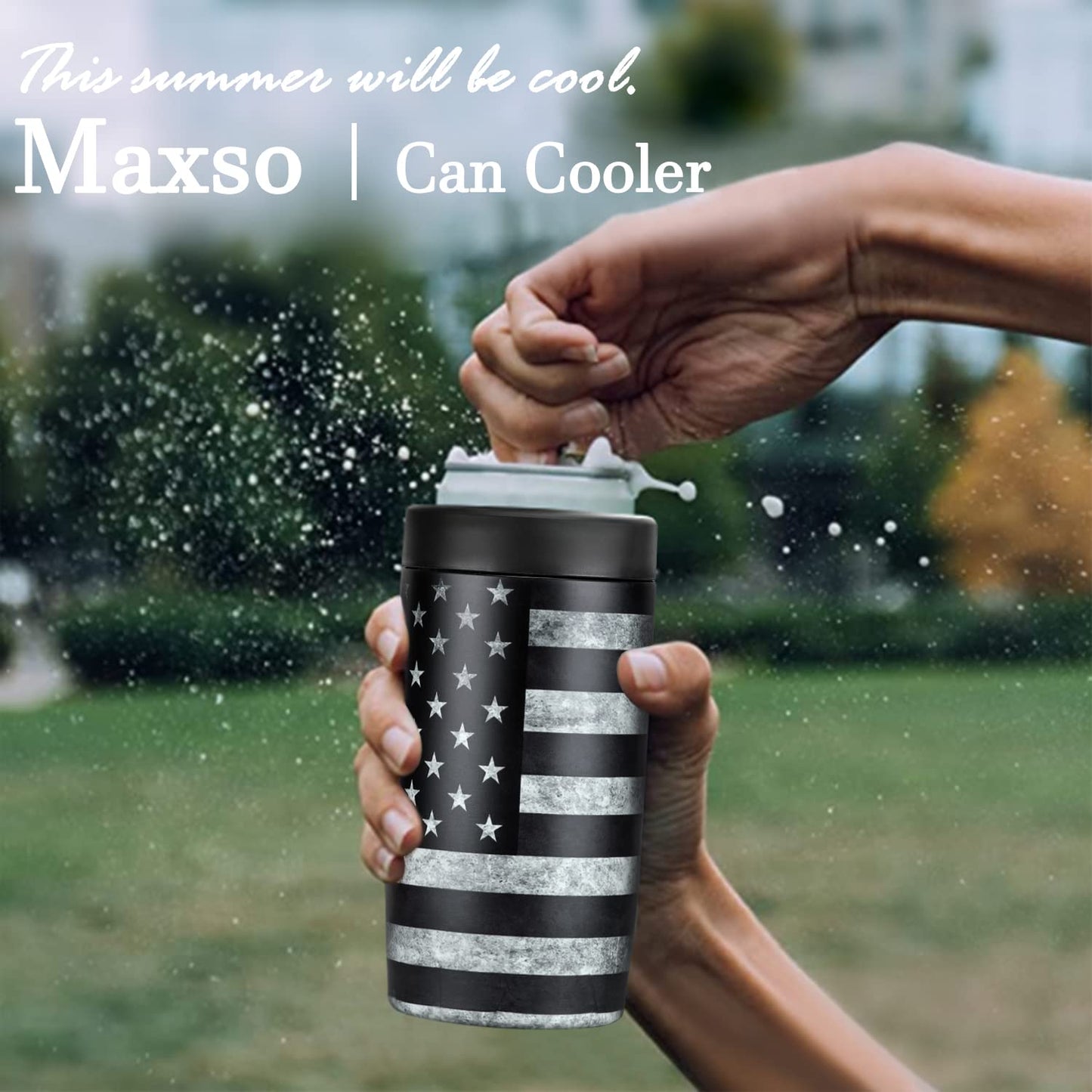 4-in-1 Slim Can Cooler Easy to Hold Insulated Beer Can Holder Double-walled Stainless Steel for All 12 Oz Cans Gift (Black America Flag 2)