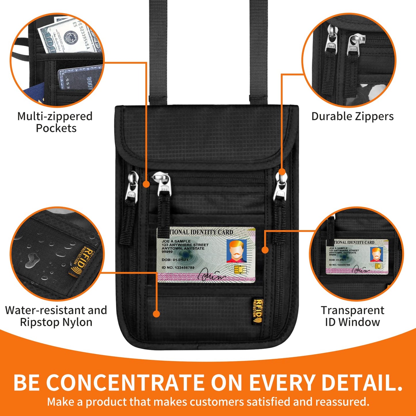 HOTEMIA Neck Wallet for Travel,Passport Holder Neck Pouch for Men Women with Adjustable Neck Strap and RFID Blocking (Orange)