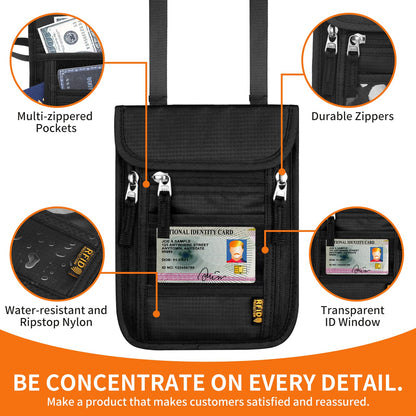 HOTEMIA Neck Wallet for Travel,Passport Holder Neck Pouch for Men Women with Adjustable Neck Strap and RFID Blocking (Orange)