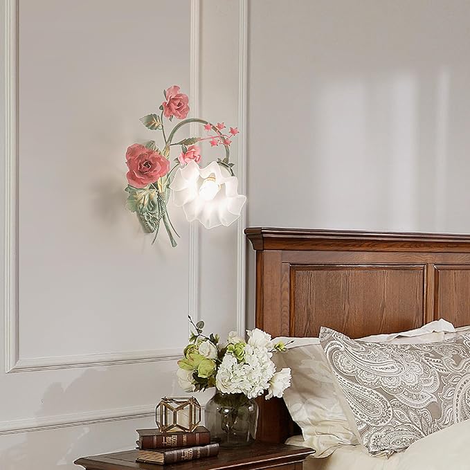 Vintage Floral Wall Sconce,Metal Wall Lamp with Glass Lampshade,Mounted Wall Lights for Bedroom Living Room Corridor Vanity Hallway E26 Wall Art Scones 40 * 40Cm Left