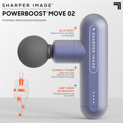 Sharper Image Percussion Massage Gun, Powerboost Move, Lightweight & Portable, 4 Attachments, 4 Speeds, Full Body Back & Shoulder Massager for Deep Tissue Muscle Recovery, Pain Relief & Soreness