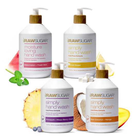 RAW SUGAR Hand Wash Variety Bundle - Lemon Sugar, Watermelon + Fresh Mint, Pineapple + Maqui Berry + Coconut & Raw Coconut + Mango, Formulated without Sulfates & Parabens (16.9 fl. oz, Pack of 4)